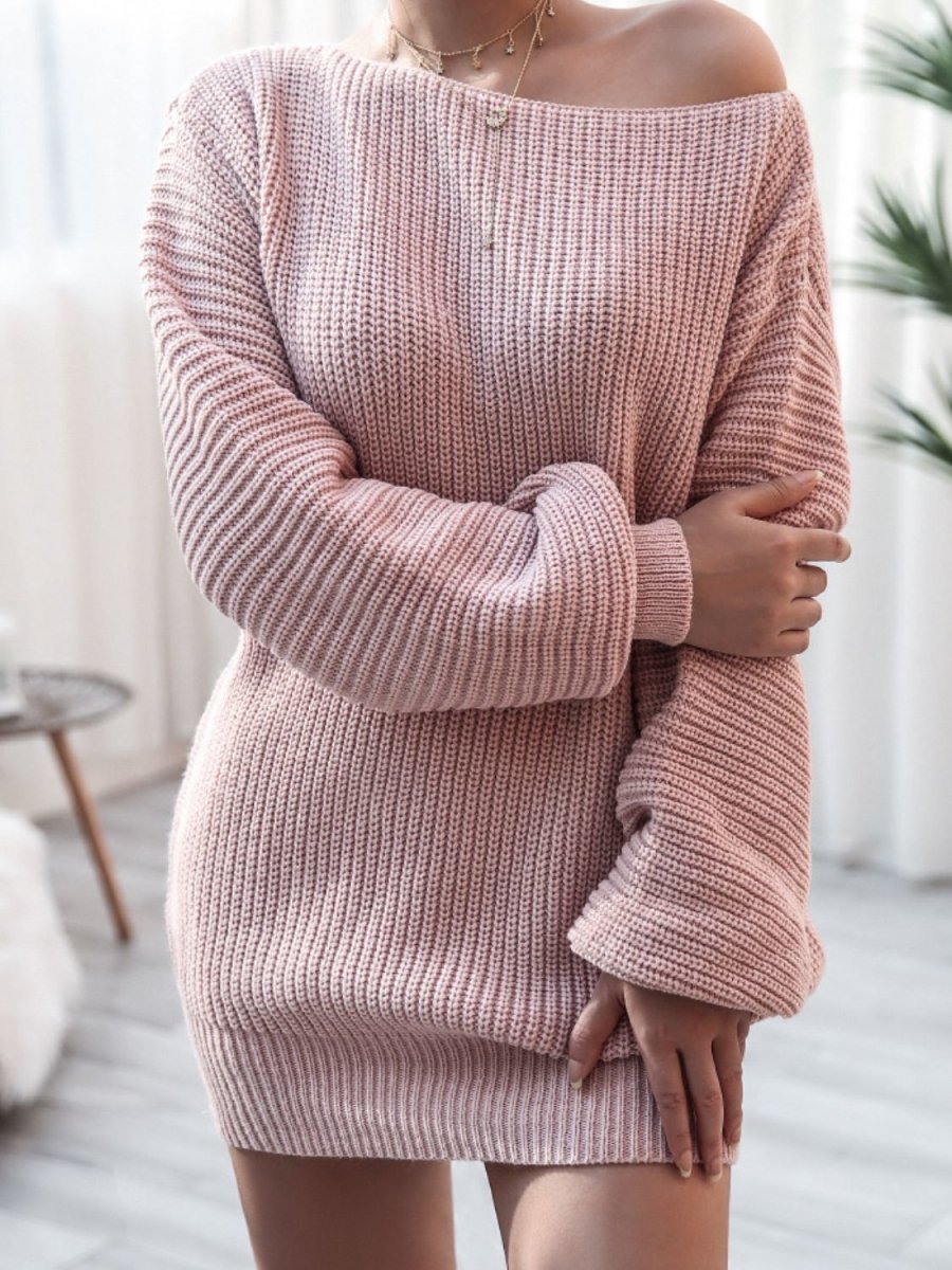 Rib-Knit Balloon Sleeve Boat Neck Sweater Dress - TapLike
