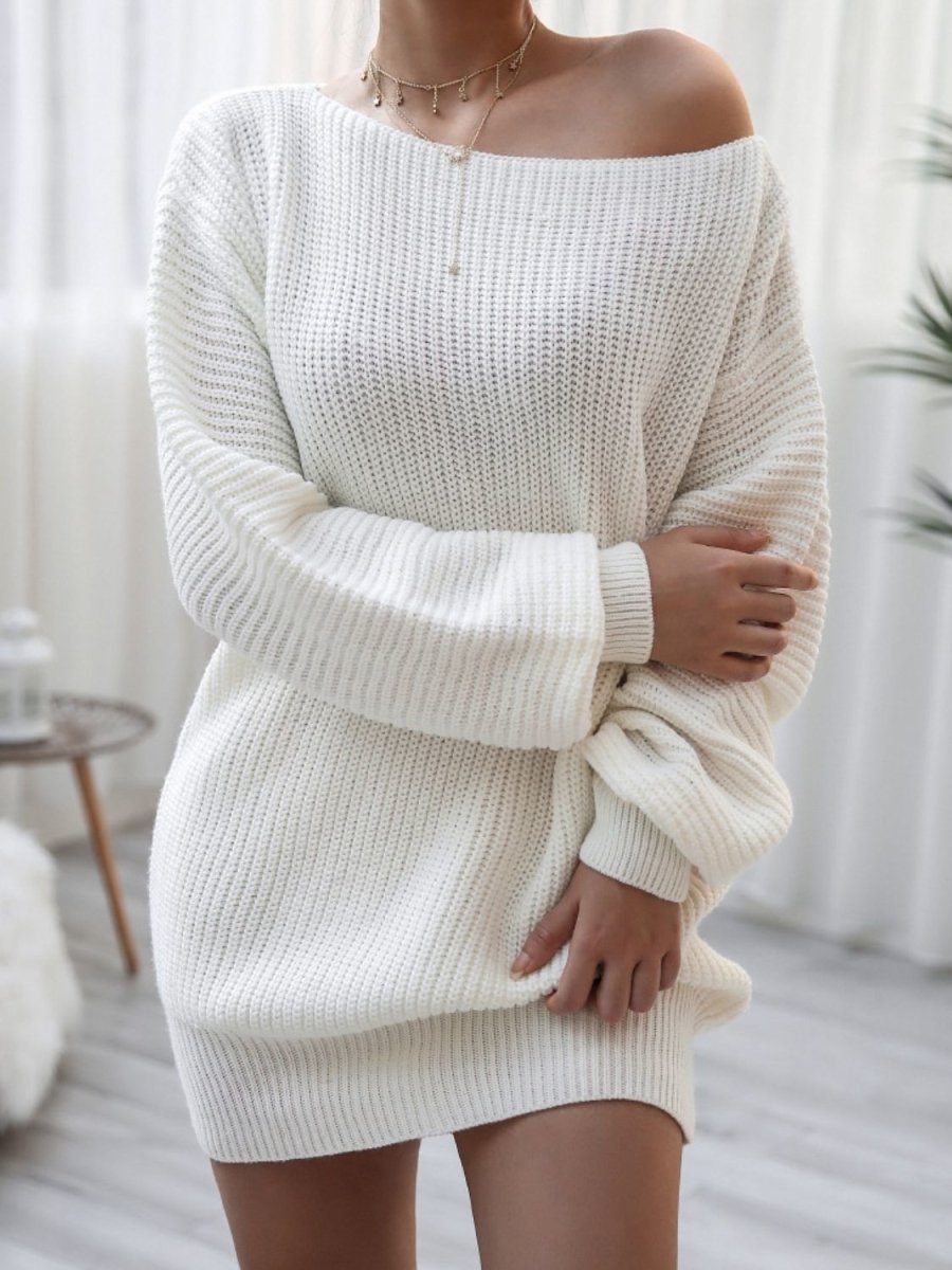 Rib-Knit Balloon Sleeve Boat Neck Sweater Dress - TapLike