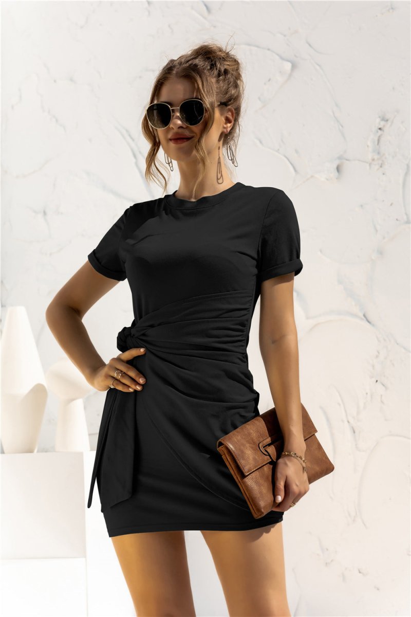 Round Neck Cuffed Sleeve Side Tie Dress - TapLike