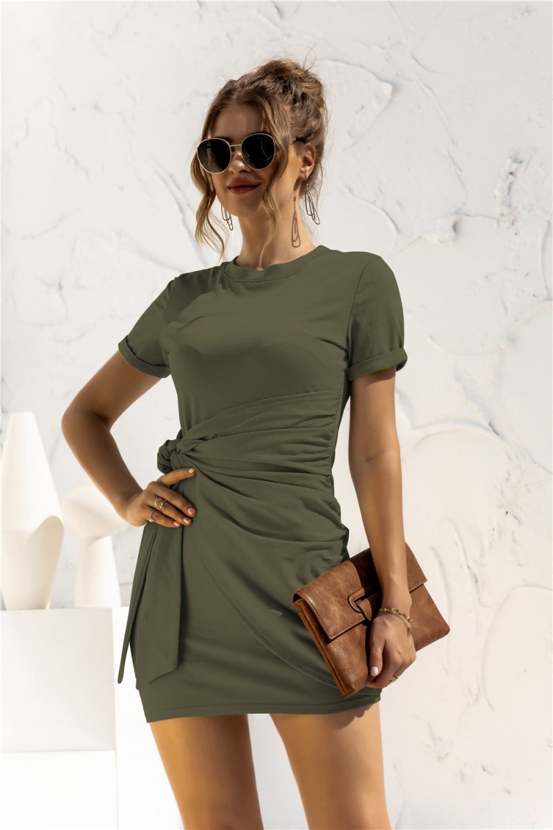 Round Neck Cuffed Sleeve Side Tie Dress - TapLike