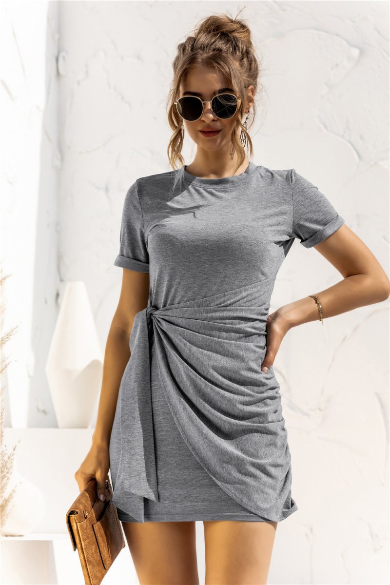 Round Neck Cuffed Sleeve Side Tie Dress - TapLike