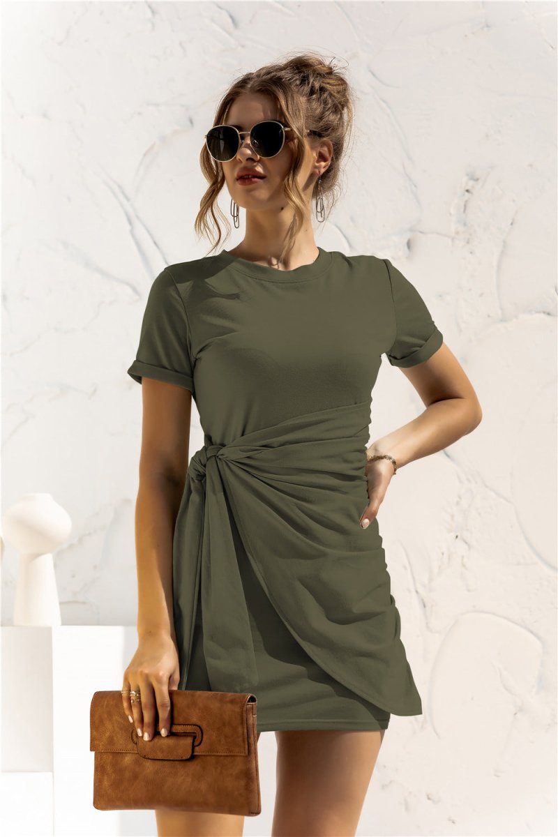 Round Neck Cuffed Sleeve Side Tie Dress - TapLike