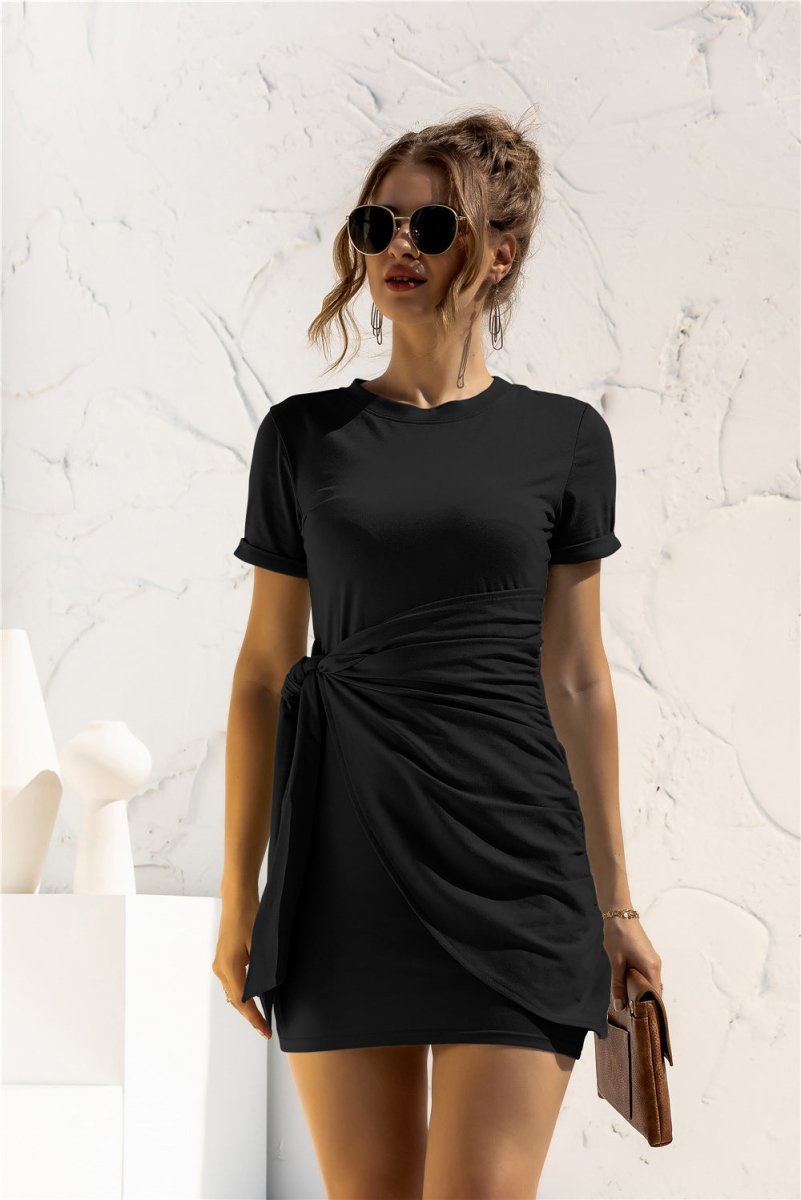 Round Neck Cuffed Sleeve Side Tie Dress - TapLike