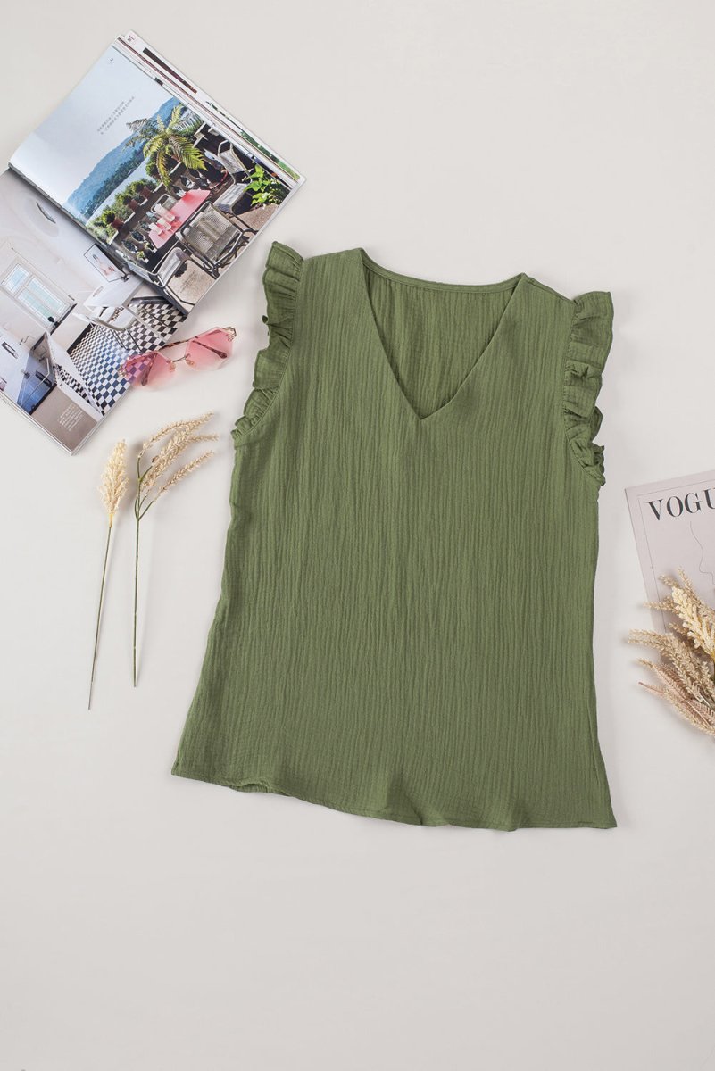 Ruffle Shoulder V-Neck Top - Taplike
