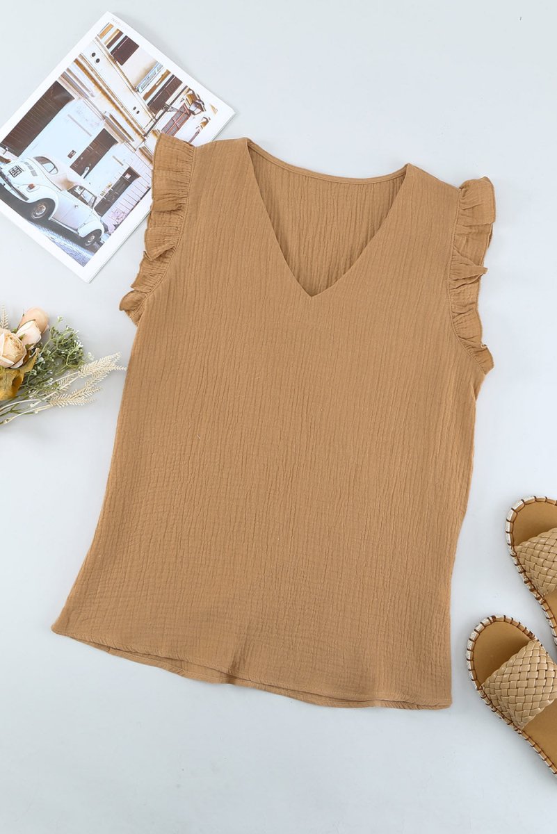 Ruffle Shoulder V-Neck Top - Taplike