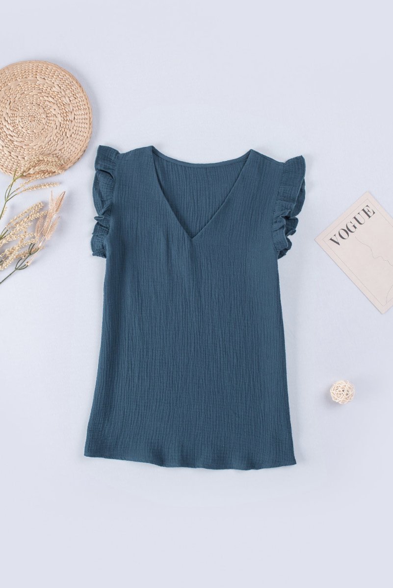 Ruffle Shoulder V-Neck Top - Taplike