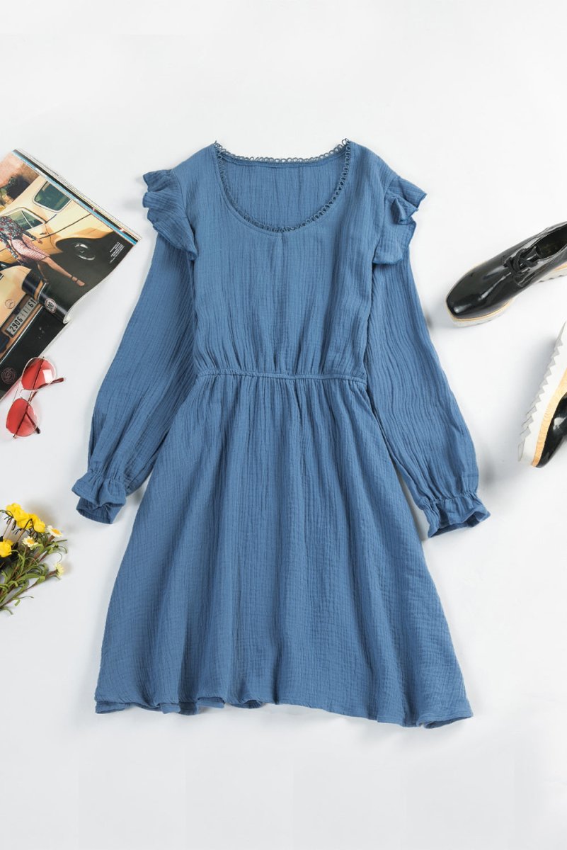 Ruffled V-Neck Flounce Sleeve Textured Dress - TapLike