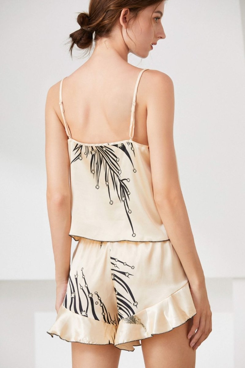Satin Cami, Ruffle Hem Shorts Pajama Set - Taplike