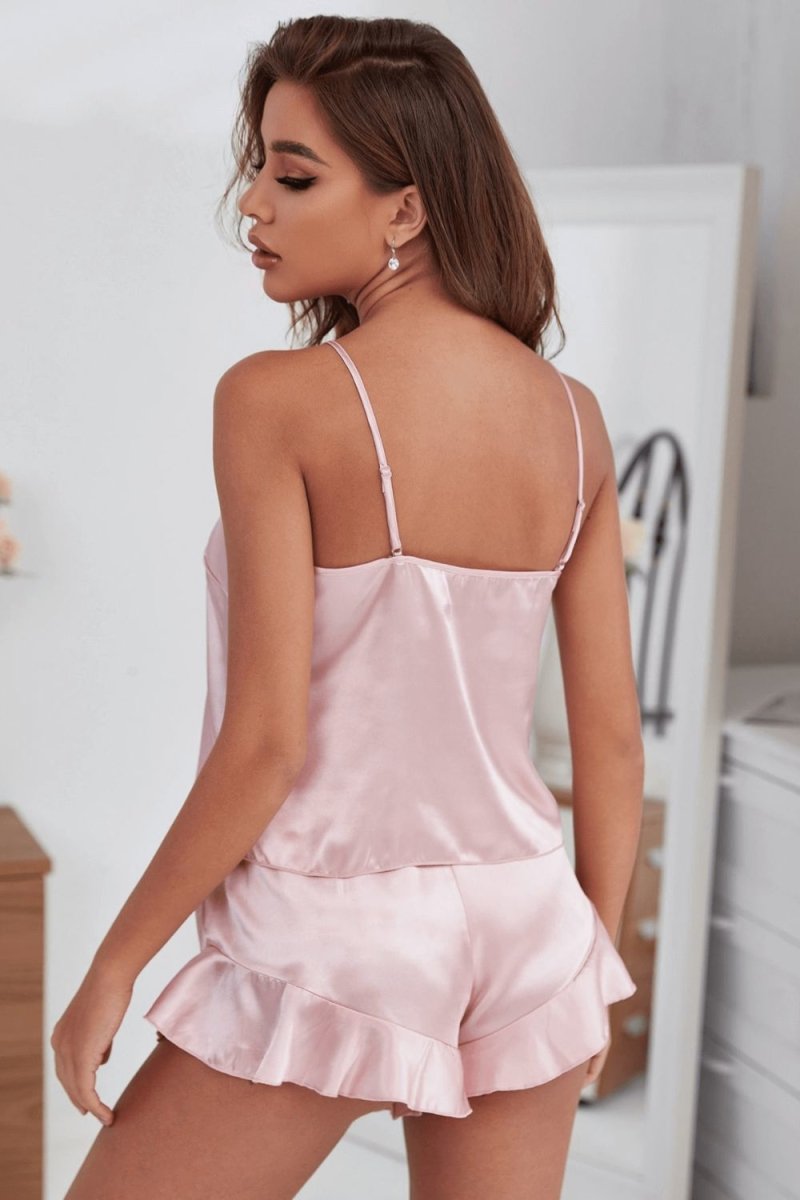 Satin Cami, Ruffle Hem Shorts Pajama Set - Taplike