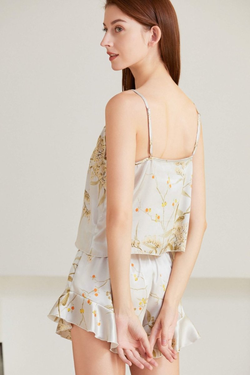 Satin Cami, Ruffle Hem Shorts Pajama Set - Taplike