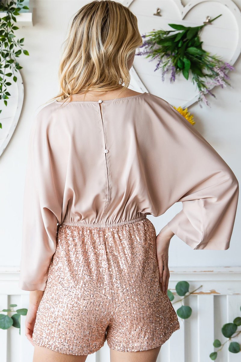 Sequin Drawstring Waist Dolman Sleeve Romper - Taplike