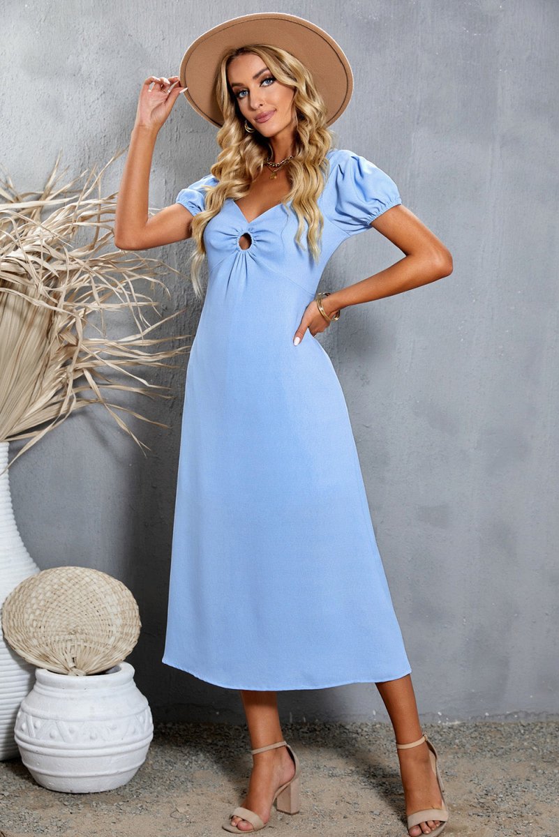 Short Puff Sleeve Sweetheart Neck Midi Dress - TapLike