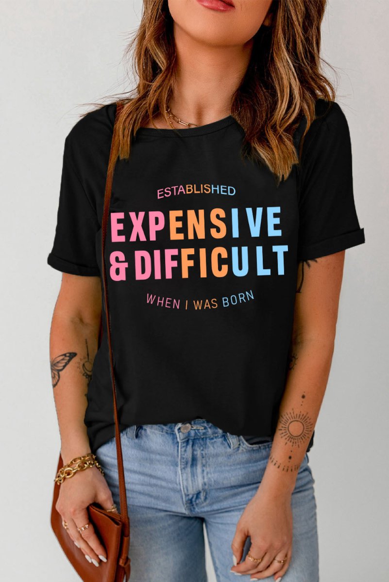 Slogan Graphic Cuffed Sleeve Tee - TapLike