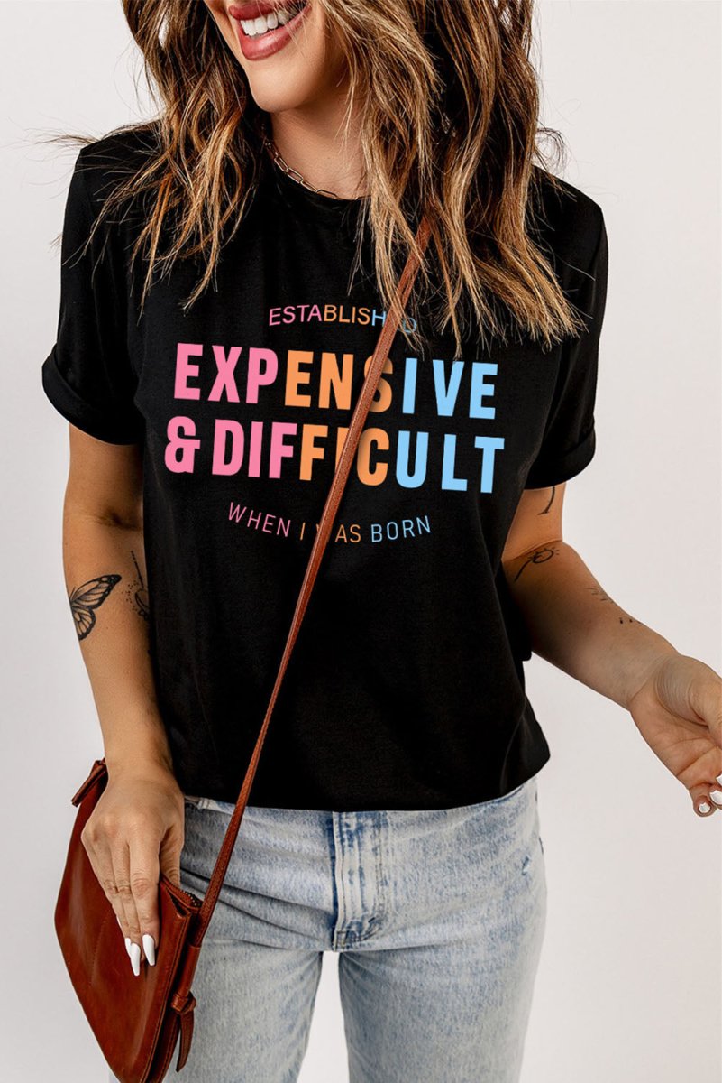 Slogan Graphic Cuffed Sleeve Tee - TapLike