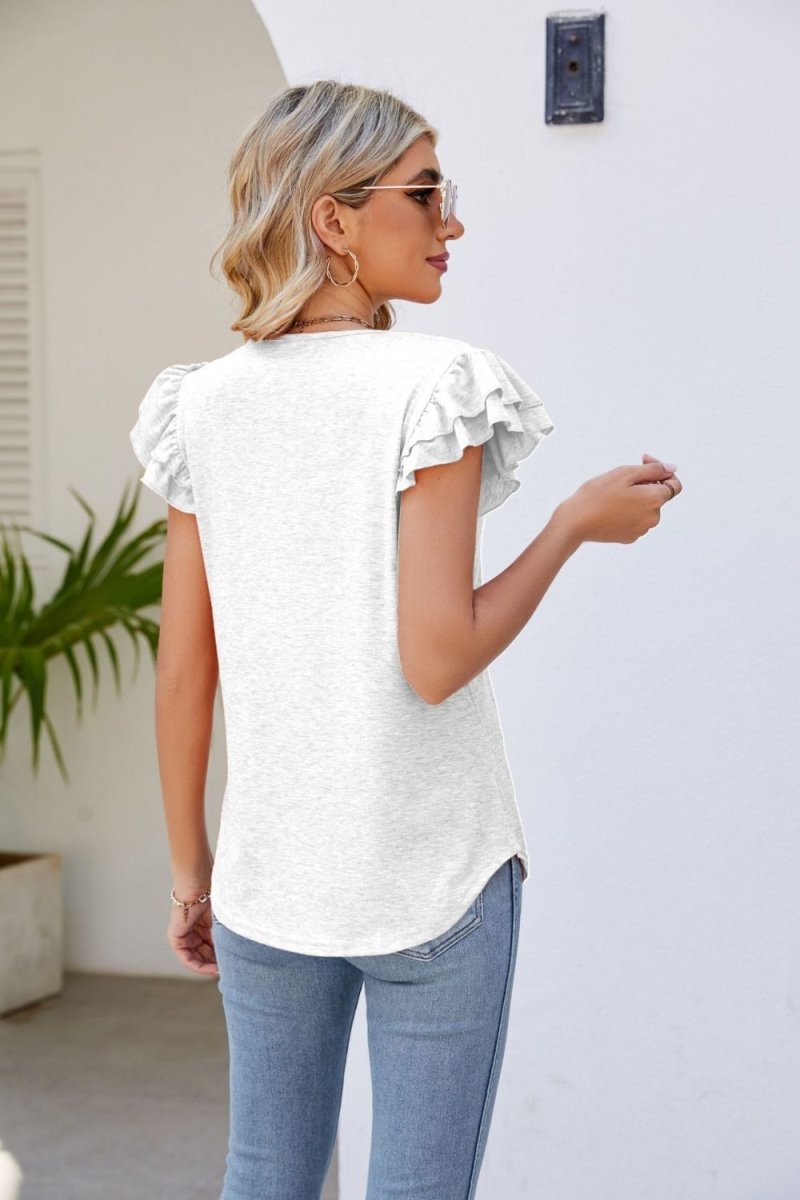 Smocked Flutter Sleeve V-Neck Top - Taplike