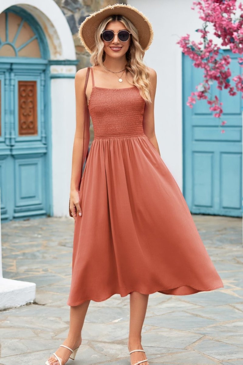 Smocked Spaghetti Strap Midi Dress X - Taplike