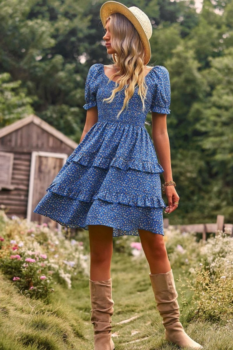 Smocked Sweetheart Neck Flounce Sleeve Mini Dress - Taplike