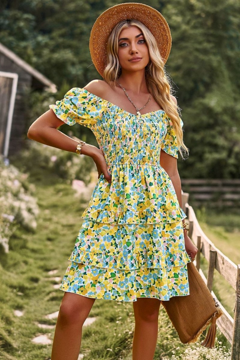 Smocked Sweetheart Neck Flounce Sleeve Mini Dress - Taplike