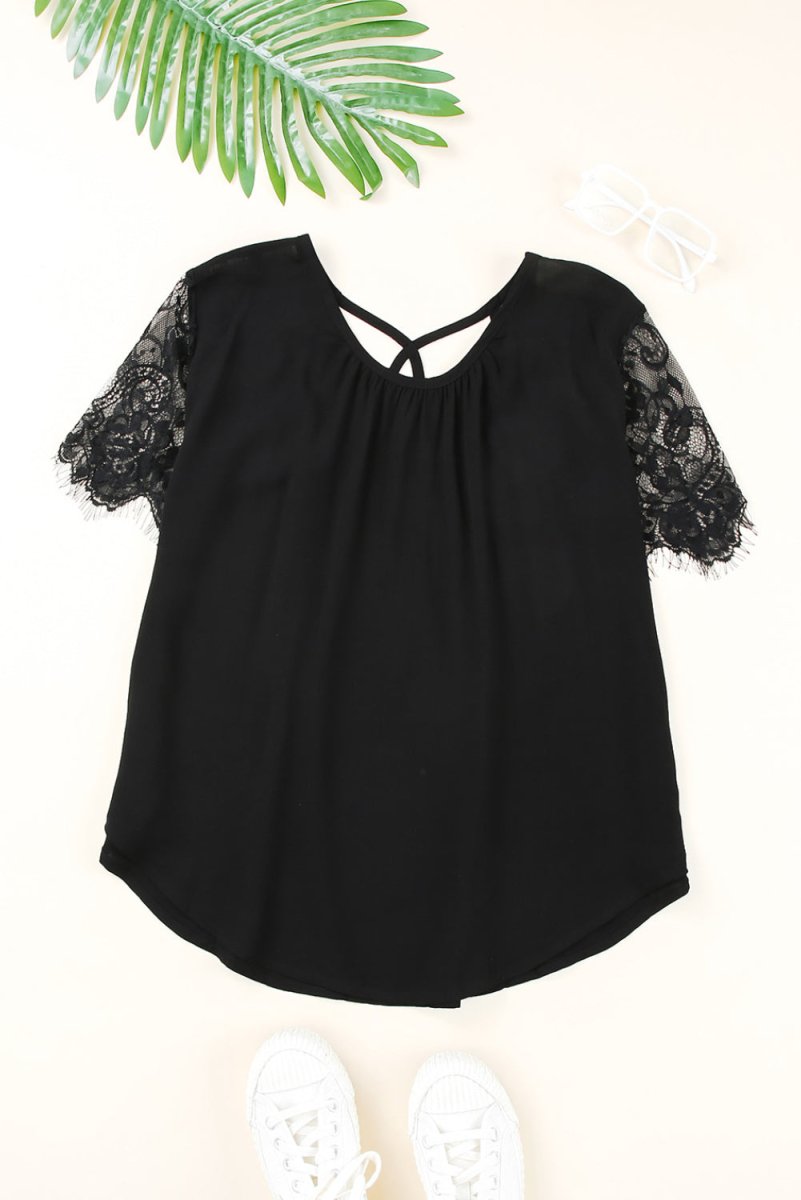 Strappy Neck Spliced Lace Eyelash Trim Blouse - TapLike
