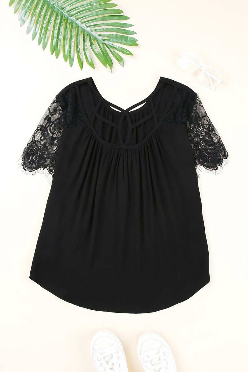 Strappy Neck Spliced Lace Eyelash Trim Blouse - TapLike