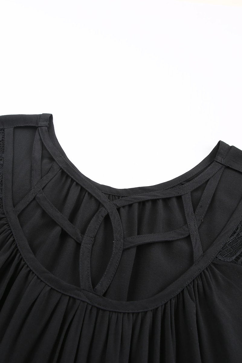 Strappy Neck Spliced Lace Eyelash Trim Blouse - TapLike