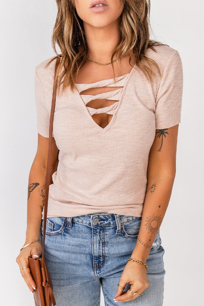 Strappy Ribbed Knit T-Shirt - TapLike
