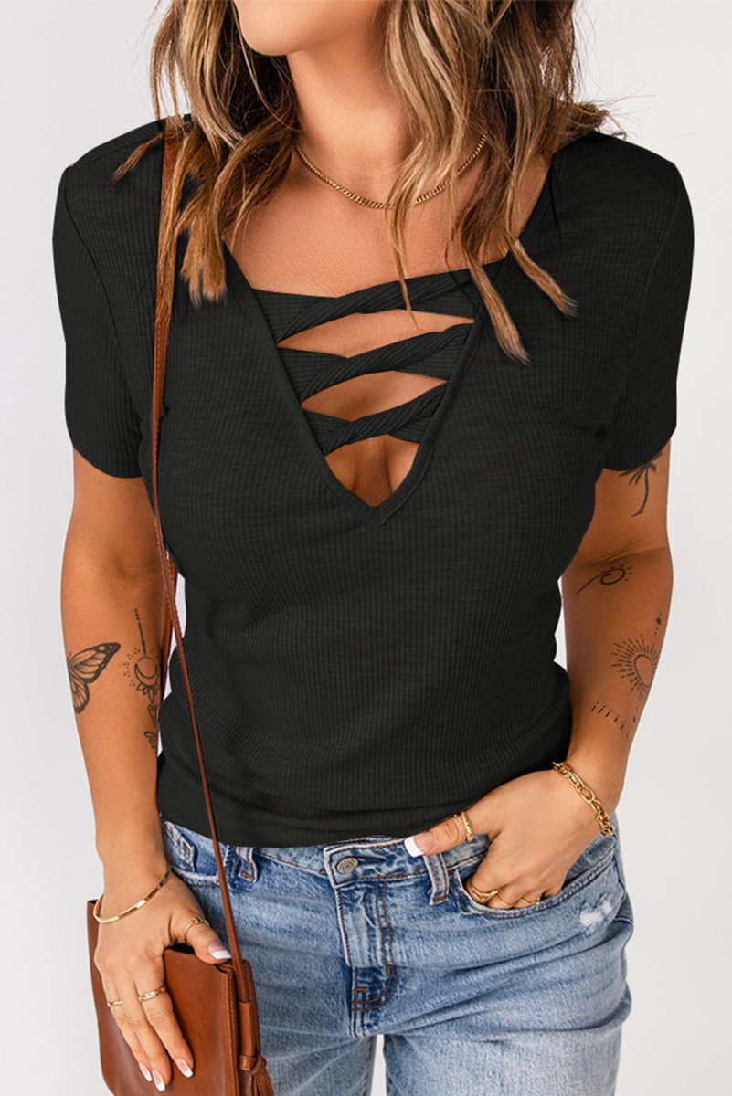 Strappy Ribbed Knit T-Shirt - TapLike