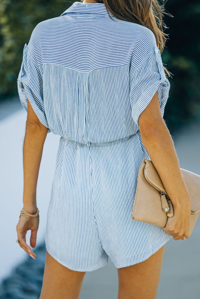 Striped Collared Neck Belted Romper - Taplike