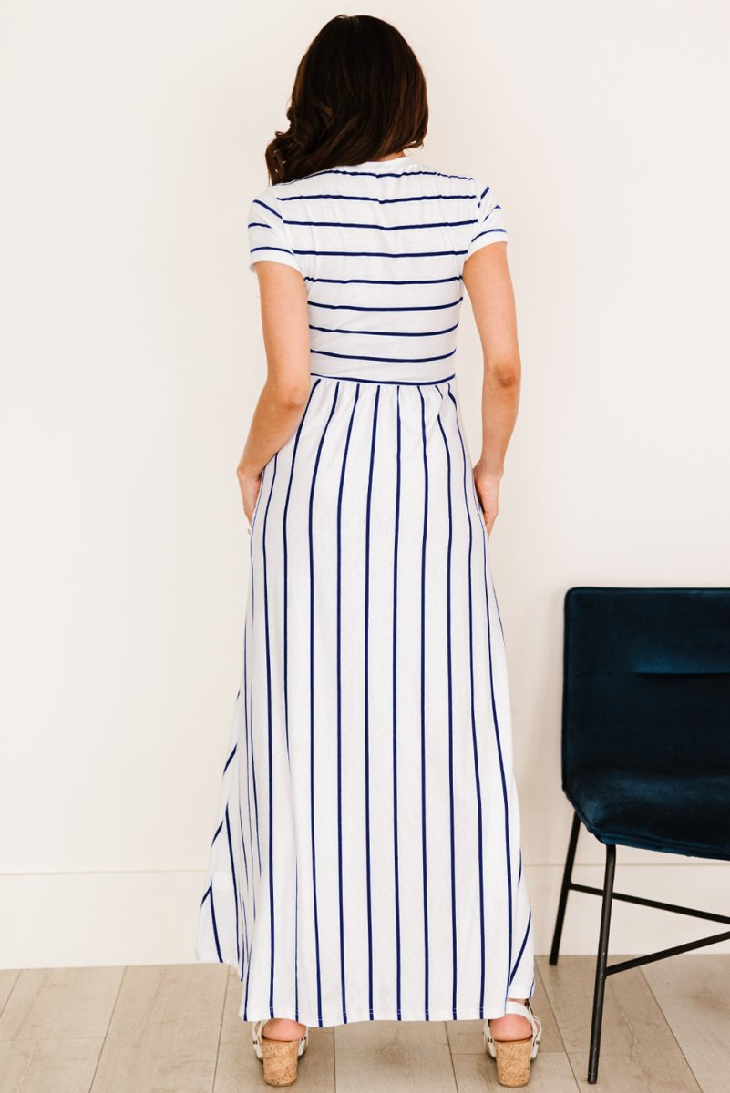 Striped Short Sleeve Crewneck Maxi Dress - TapLike