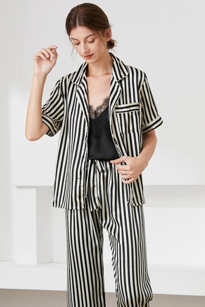 Striped Short Sleeve Shirt, Pants, and Cami Pajama Set - TapLike