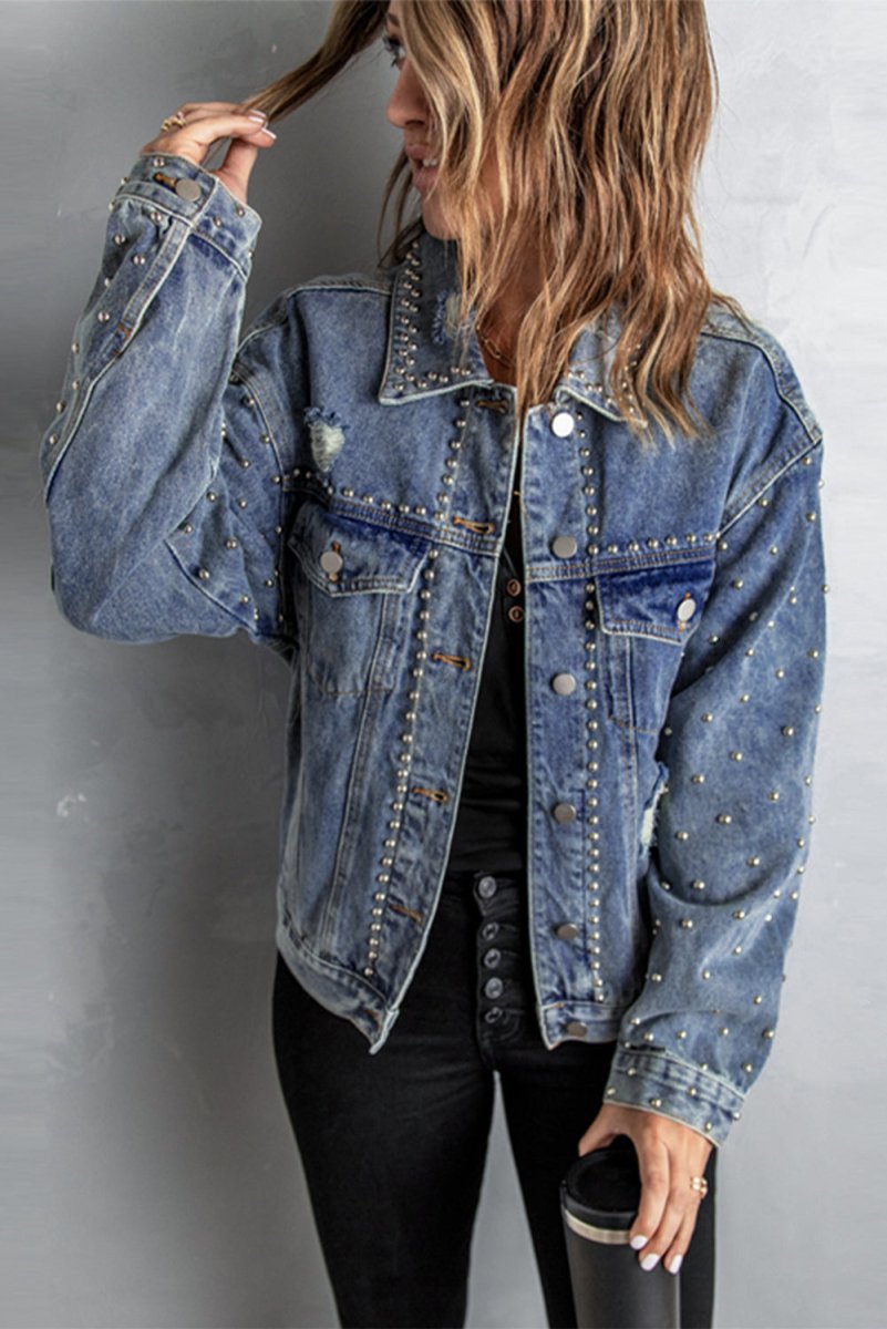 Studded Button Down Denim Jacket - TapLike