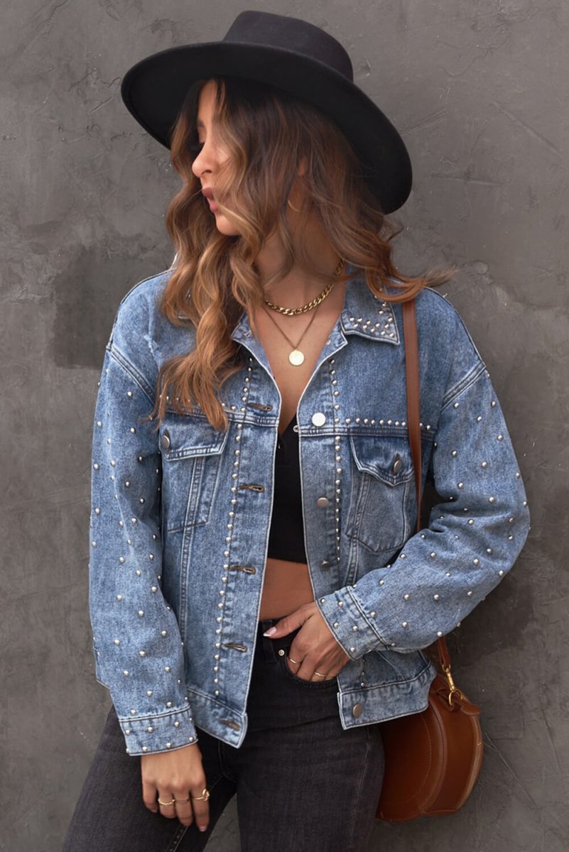 Studded Button Down Denim Jacket - TapLike