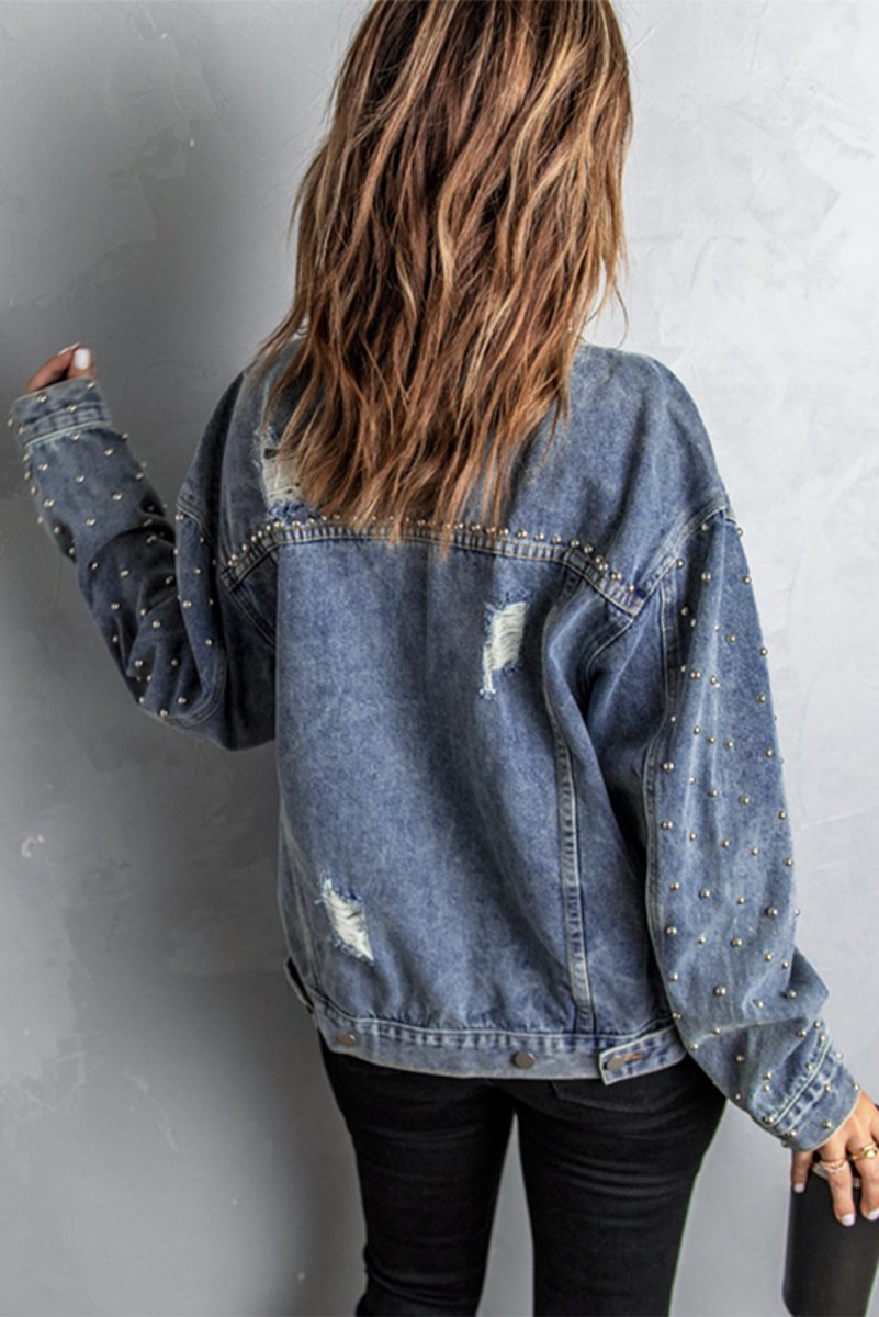 Studded Button Down Denim Jacket - TapLike