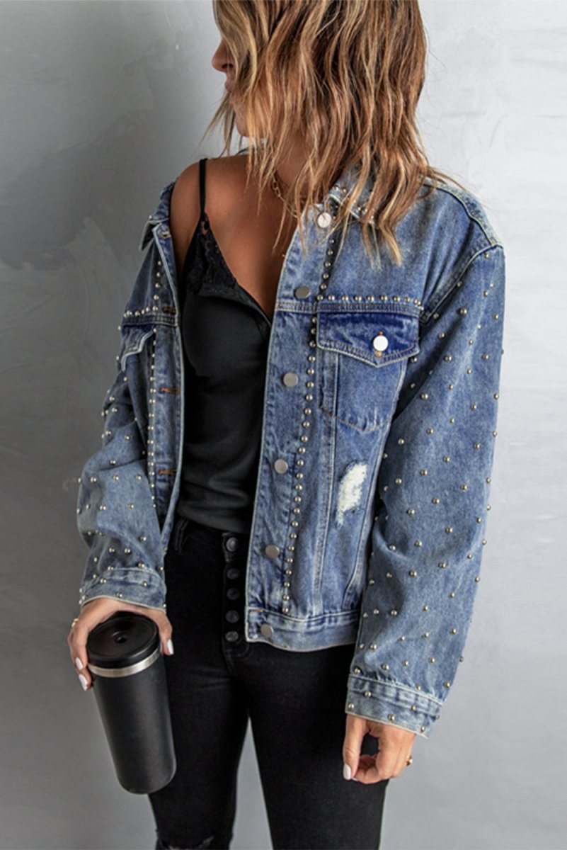 Studded Button Down Denim Jacket - TapLike