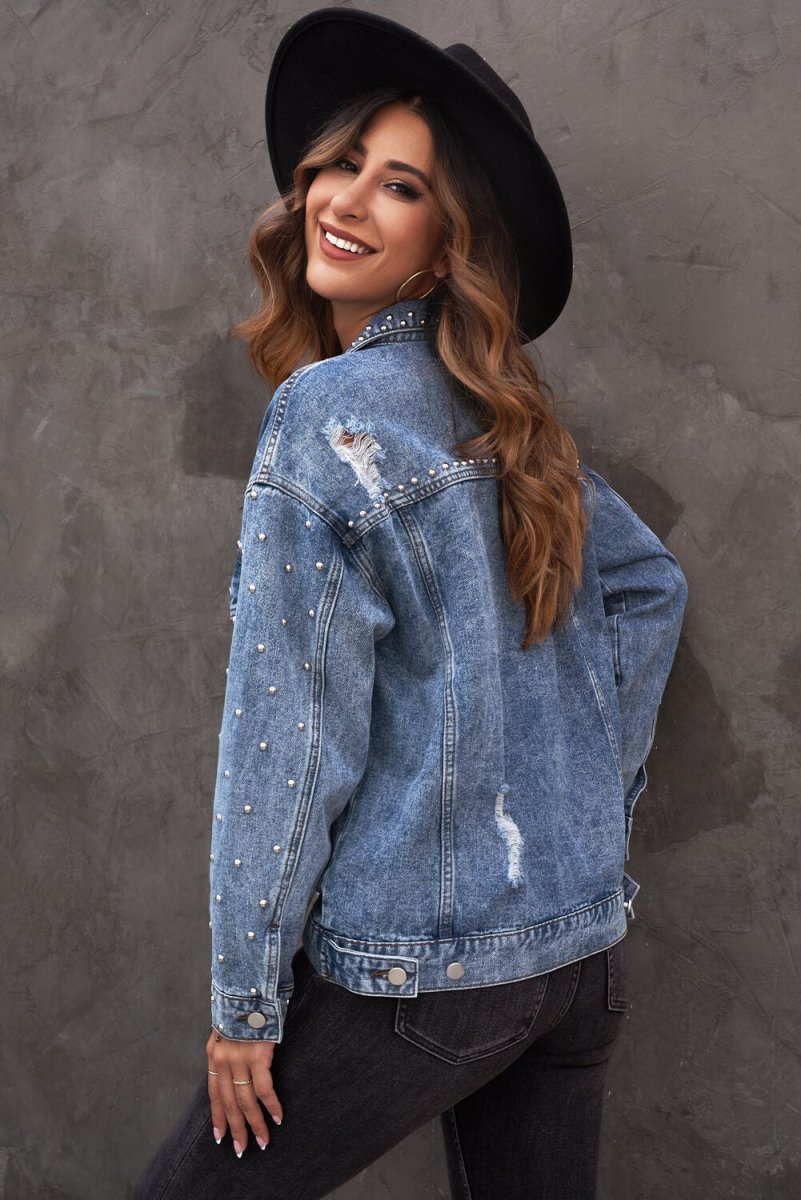 Studded Button Down Denim Jacket - TapLike