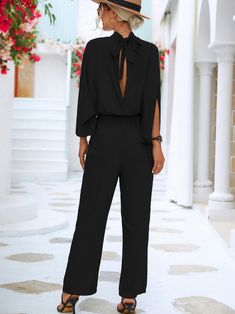 Tie Back Mock Neck Split Sleeve Jumpsuit 10010098358 - TapLike