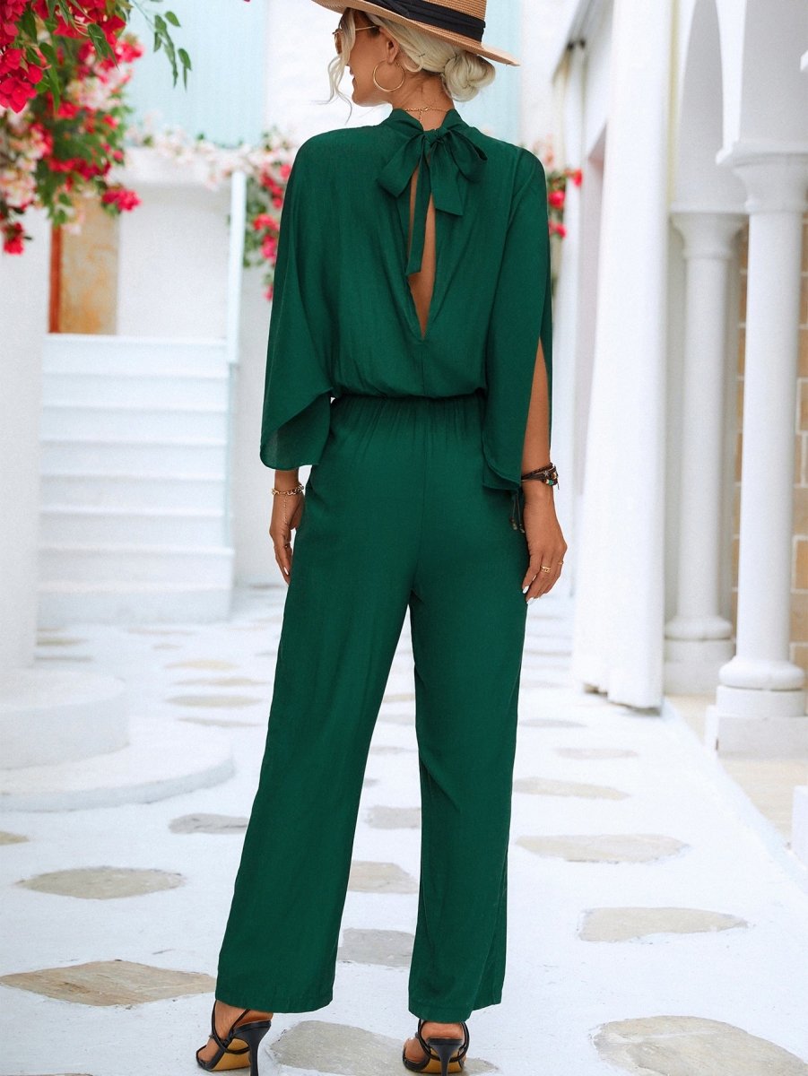 Tie Back Mock Neck Split Sleeve Jumpsuit 10010098358 - TapLike