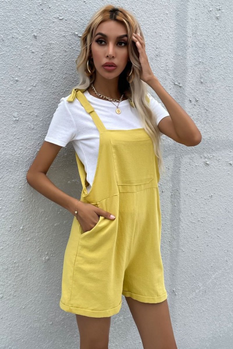 Tie Cuffed Short Overalls with Pockets X - Taplike