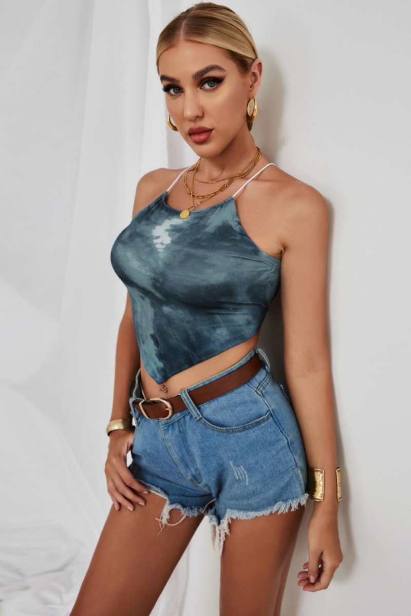 Tie-Dye Halter Neck Point Hem Top - TapLike