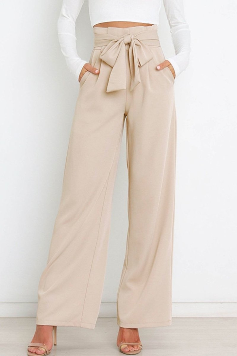 Tie Front Paperbag Wide Leg Pants - Taplike