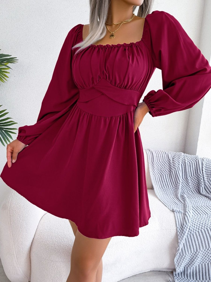 Tied Square Neck Balloon Sleeve Dress - TapLike