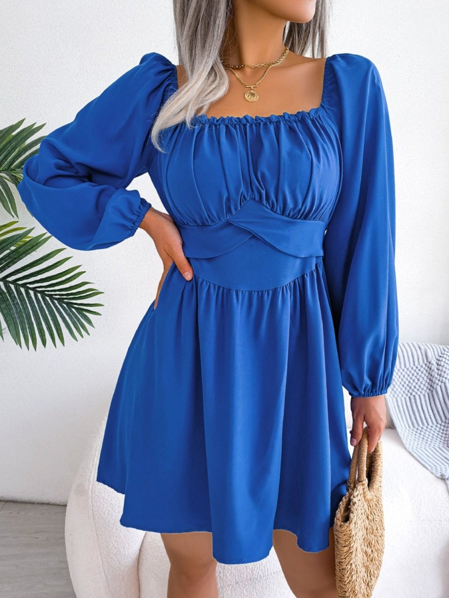 Tied Square Neck Balloon Sleeve Dress - TapLike