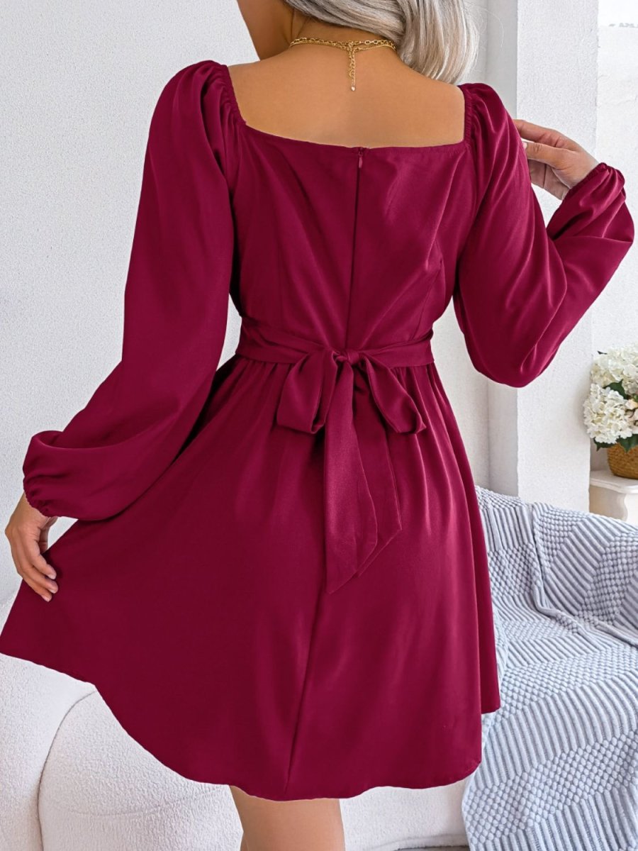 Tied Square Neck Balloon Sleeve Dress - TapLike