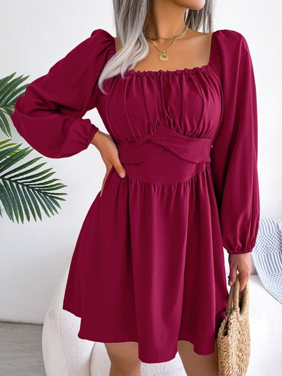 Tied Square Neck Balloon Sleeve Dress - TapLike