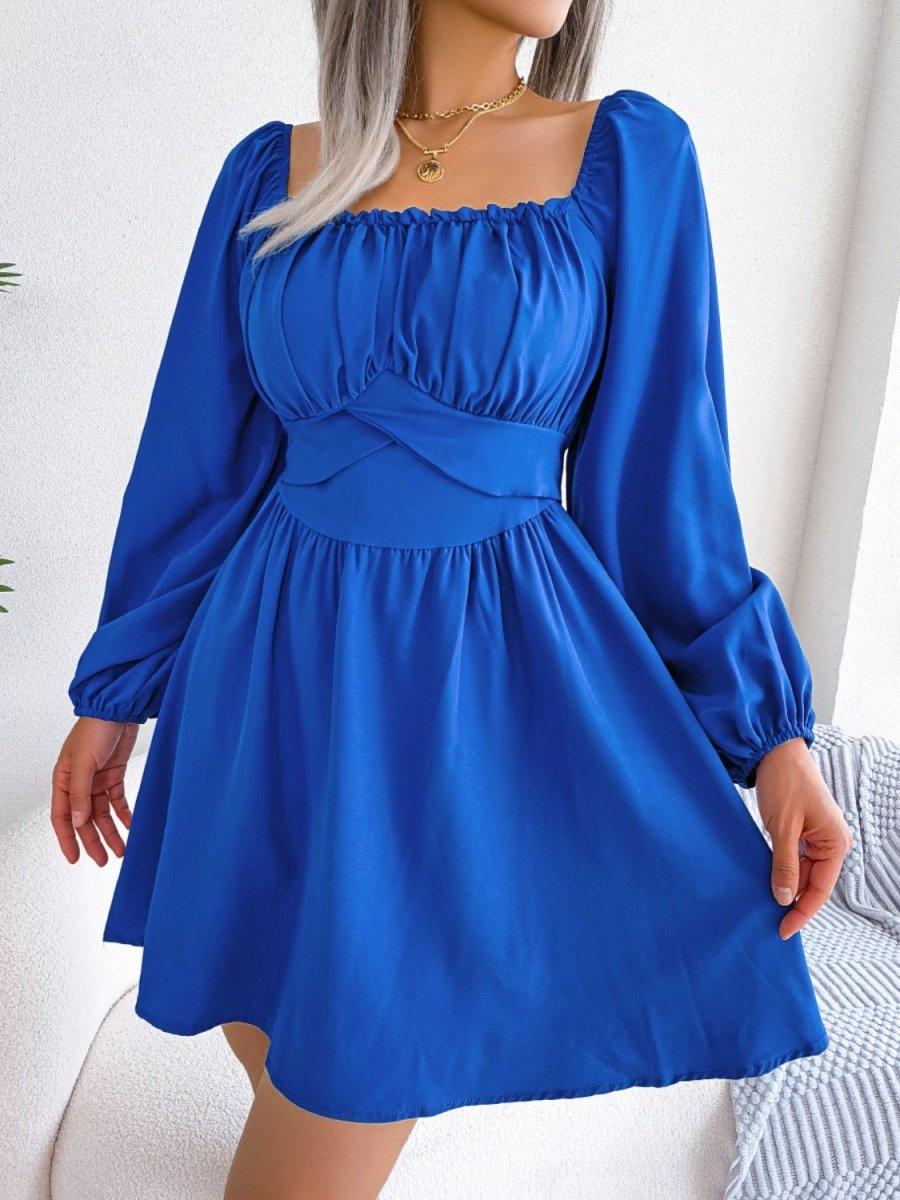 Tied Square Neck Balloon Sleeve Dress - TapLike