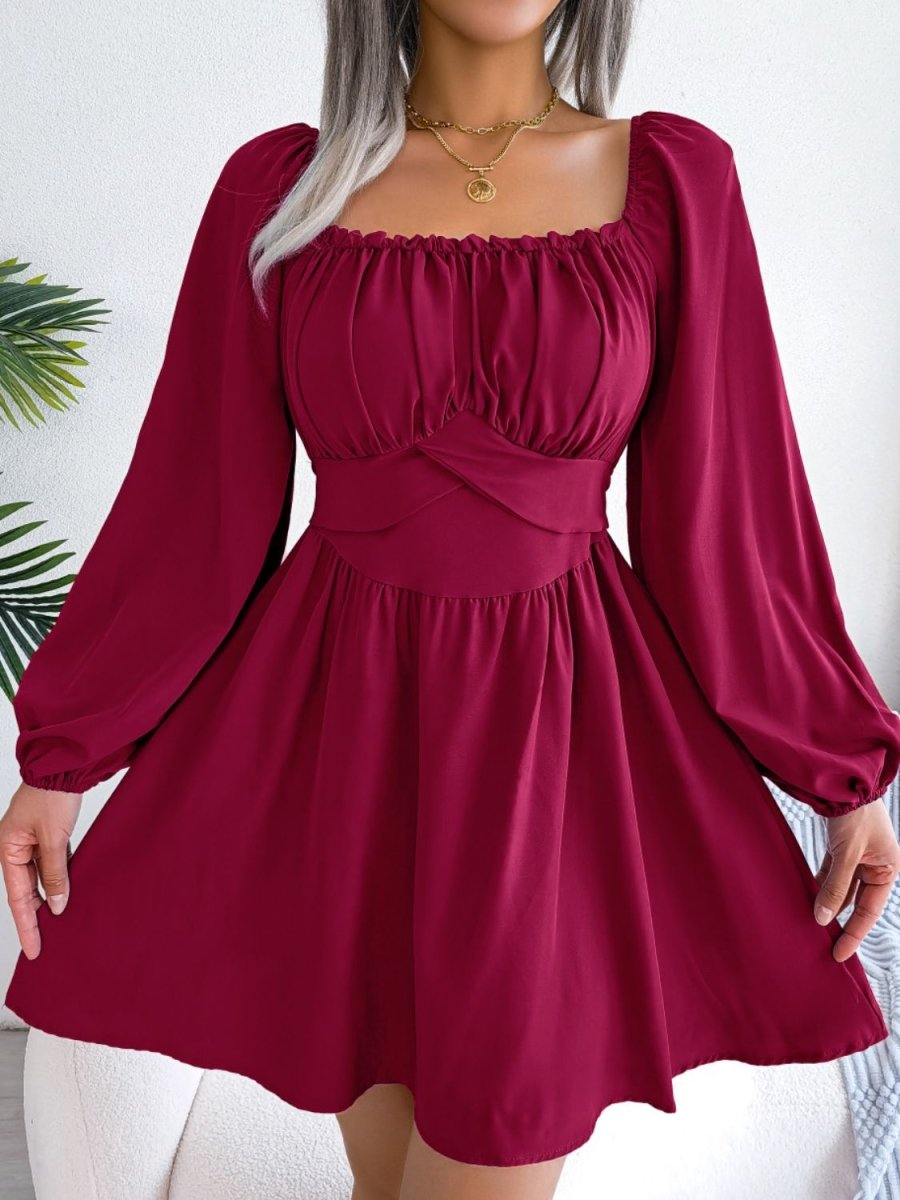 Tied Square Neck Balloon Sleeve Dress - TapLike