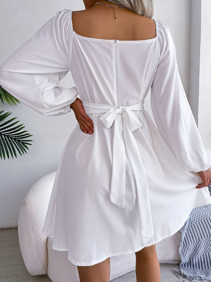 Tied Square Neck Balloon Sleeve Dress - TapLike