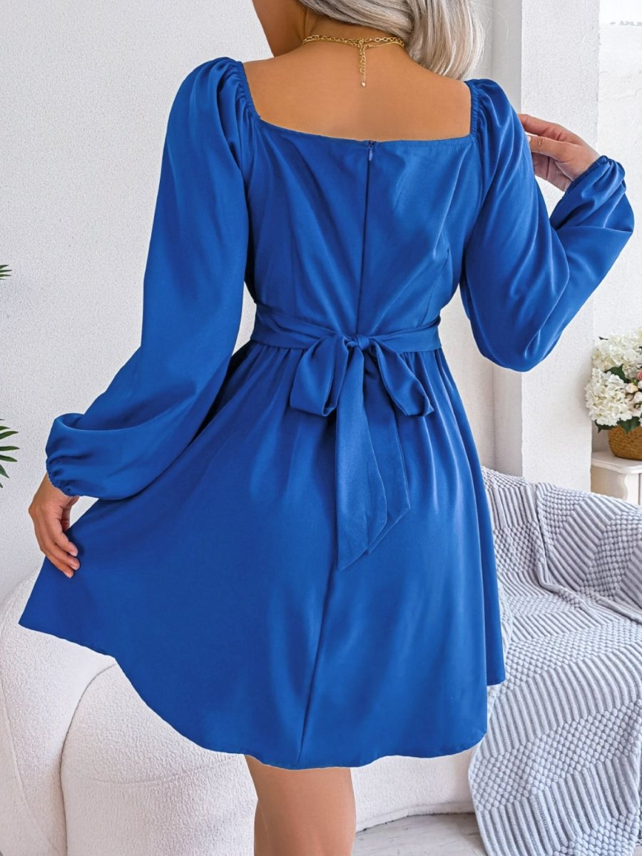 Tied Square Neck Balloon Sleeve Dress - TapLike