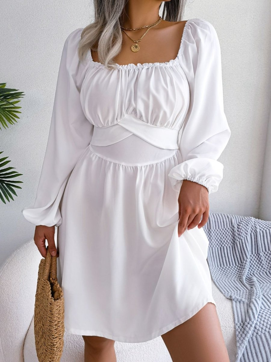 Tied Square Neck Balloon Sleeve Dress - TapLike