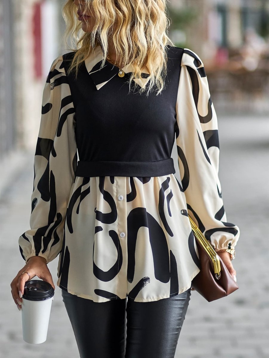 Two-Tone Long Puff Sleeve Blouse - TapLike